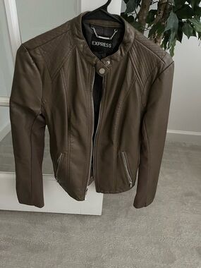 Express Olive-Brown Faux Leather Moto Jacket